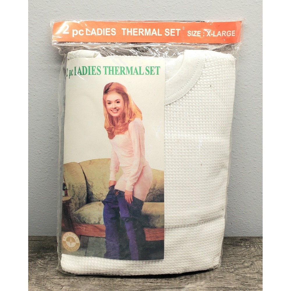 Vintage Ladies Thermal Set Top & Bottoms White Size XL American Evening NIP